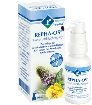 REPHA-OS Mundspray, die natürliche Mund- und Rachenpflege. Hier sieht man das pflanzliche REPHA-OS Mundspray, dass verschiedene Heilpflanzen wie Myrrhe, Blutwurz und Minze enthält. Es hilft bei Mundgeruch, für gesunde Zähne und pflegt den Mund- und Rachenraum.