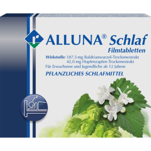 ALLUNA® Schlaf ist ein pflanzliches Arzneimittel gegen Schlafprobleme. Die Wirkstoffe sind Baldrian und Hopfen.