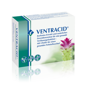 VENTRACID® VENTRACID® mit Kurkuma, Cholin und Enzymkonzentratien unterstützt die gesunde Verdauung, indem es die Funktionen von Leber, Galle und Darm fördert und einer Disharmonie im Verdauungstrakt entgegenwirkt.